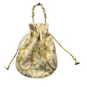 Ivory Zardosi Potli Bag Gold Pearl Embroidery Handcrafted Bridal Pouch Coquette